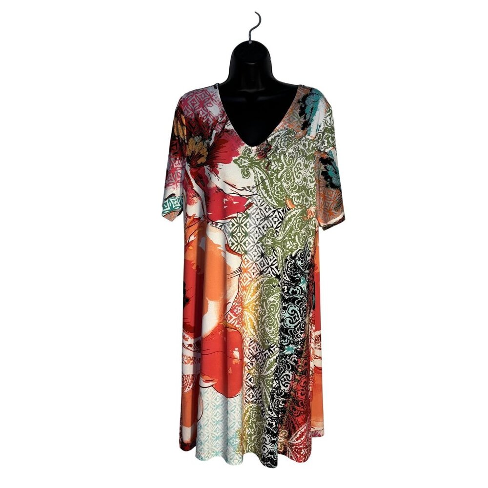 Colorful Boho-Style Short Sleeve Dress With V-Neck & Cross Back Chicos 2 = L - Picture 1 of 11